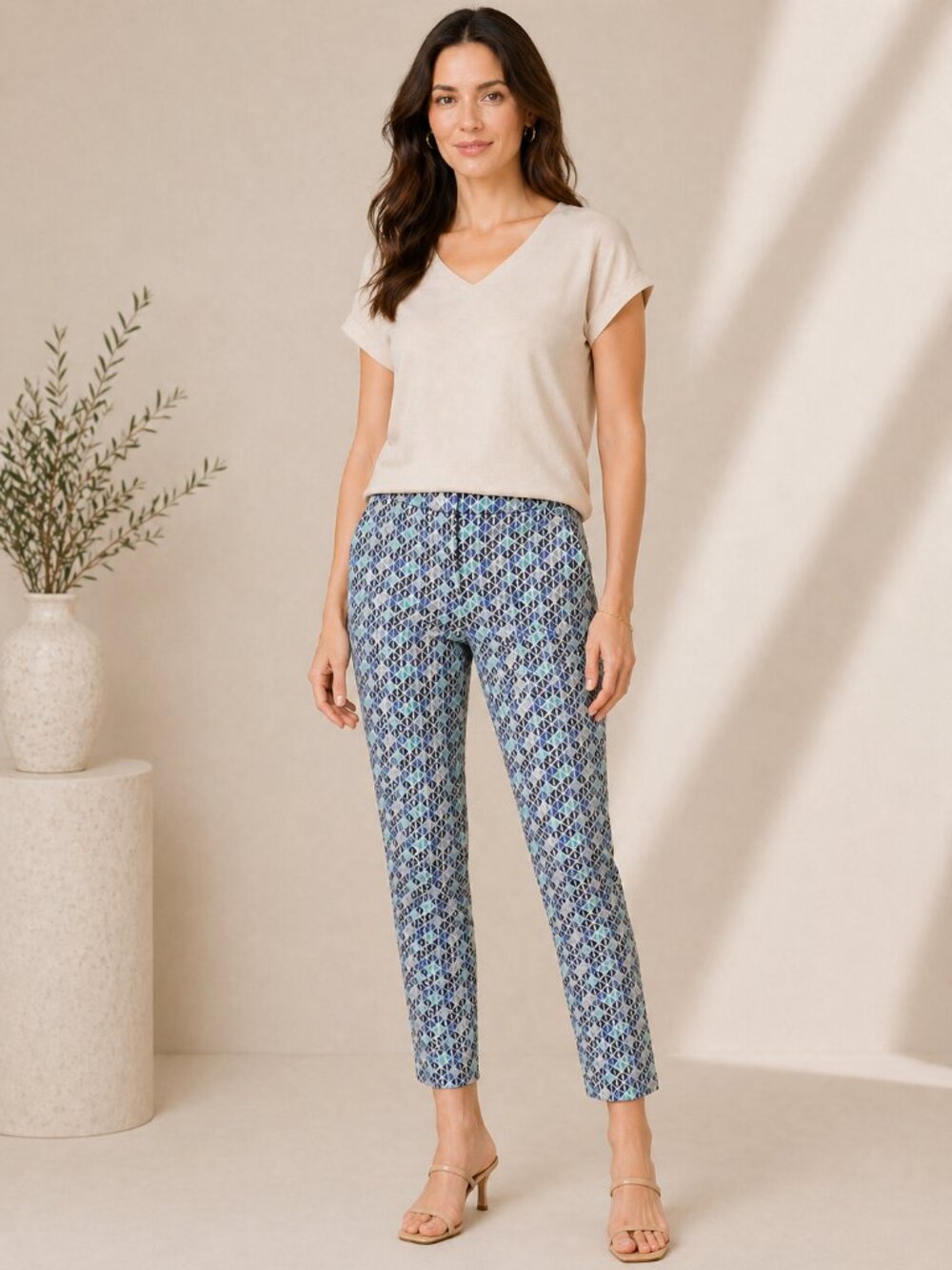 NIC+ZOE Abstract Print Pants Blue Multi Tailored Stretch Knit Sz 8 Modern Chic